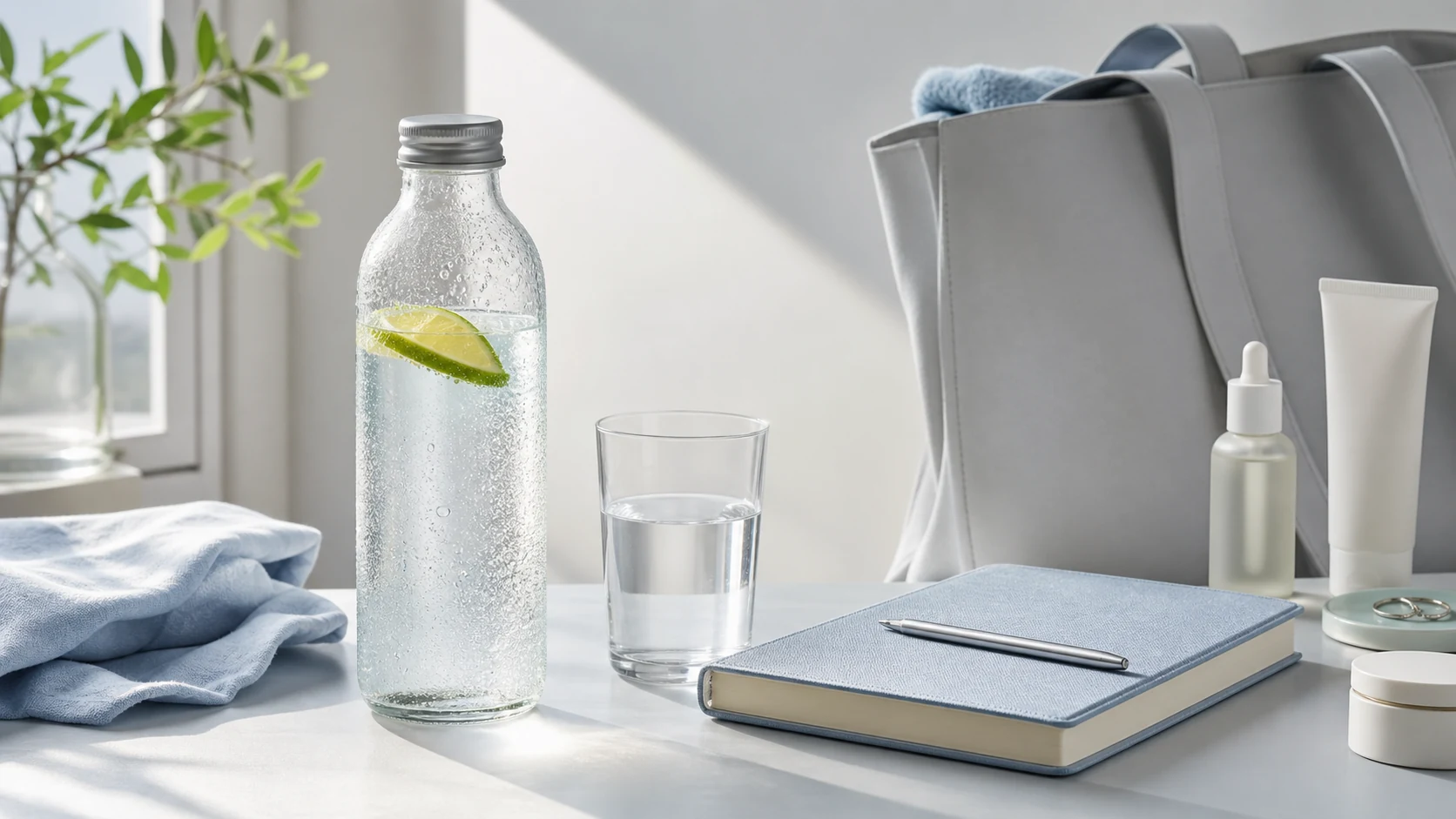 Kalte Elektrolyt-Wasser-Flasche auf ruhigem Alltagstisch ohne medizinische Motive