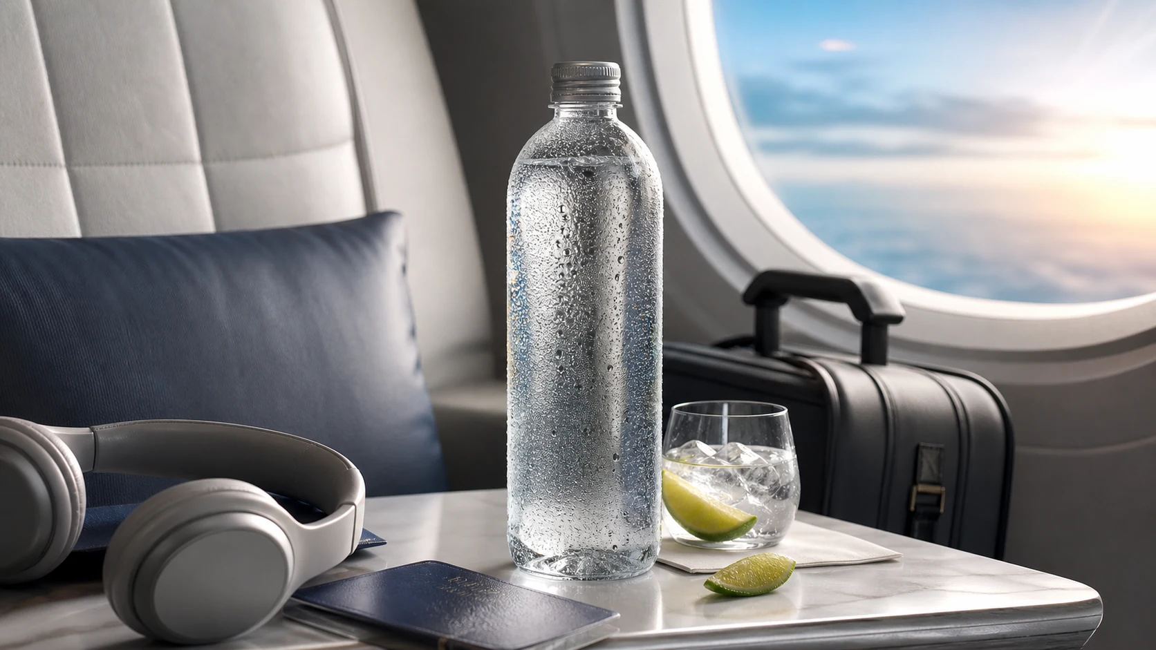 Kalte Elektrolyt-Wasser-Flasche am Flugzeugfenster mit Kopfhörern und Reisegepäck